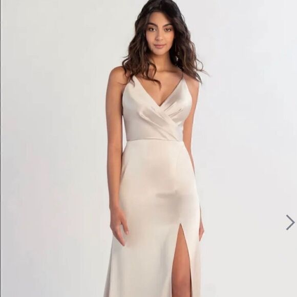Jenny Yoo Long Bridesmaids Dress Beckett Latte Size 2 Worn Once - Picture 2 of 15